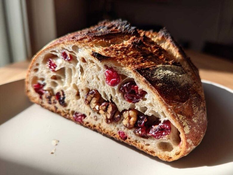 A close-up, sunlit cross-section of homemade cranberry walnut bread showing a beautiful open crumb studded with bright red cranberries and walnuts.