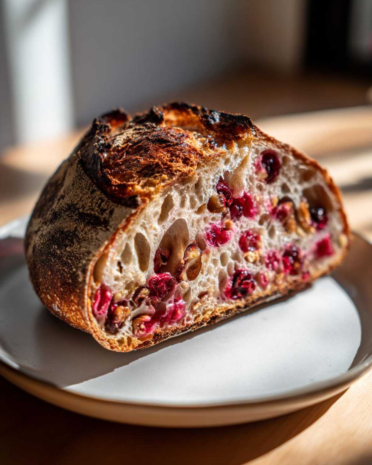 Cross-section of artisan cranberry walnut bread showing a beautiful open crumb filled with bright red cranberries and walnuts.