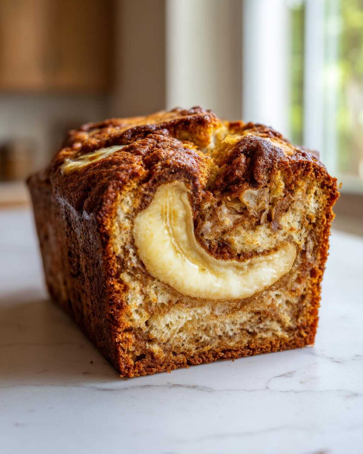 Close-up of a baked cream cheese banana bread loaf showing a swirl of cream cheese and banana in the center.