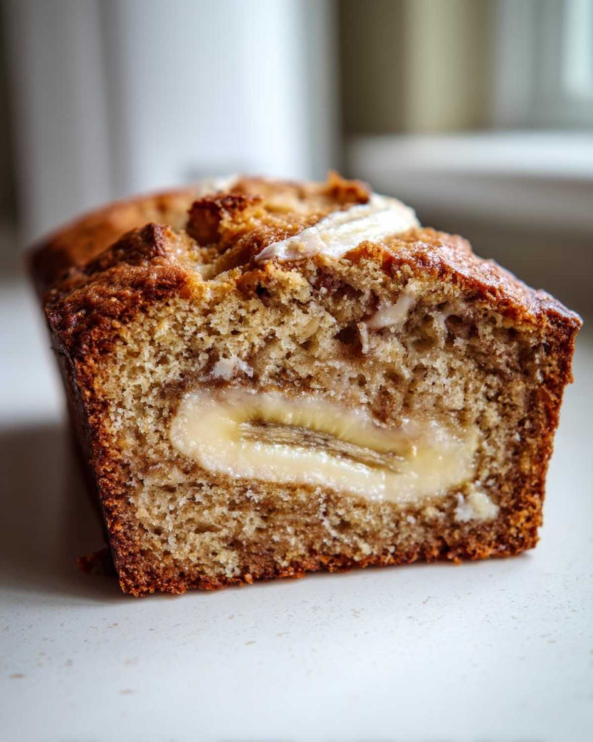 Close-up of cream cheese banana bread showing a creamy banana filling in the center.