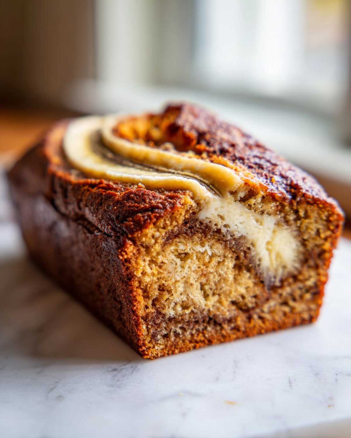 A close-up of a freshly baked cream cheese banana bread loaf showing the swirl of cream cheese filling inside.