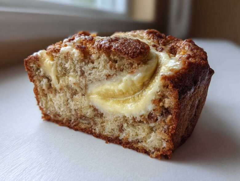 Close-up of a slice of moist cream cheese banana bread showing a rich cream cheese swirl.