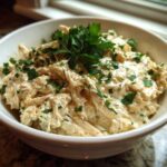 A close-up of creamy, shredded chicken mixture in a white bowl, representing cream cheese chicken chili, garnished with fresh parsley.