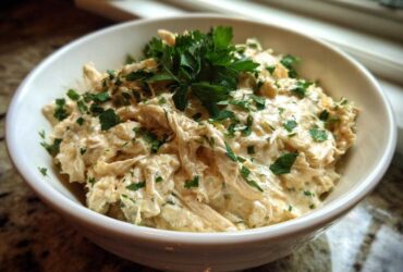 A close-up of creamy, shredded chicken mixture in a white bowl, representing cream cheese chicken chili, garnished with fresh parsley.