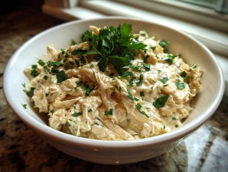 A close-up of creamy, shredded chicken mixture in a white bowl, representing cream cheese chicken chili, garnished with fresh parsley.