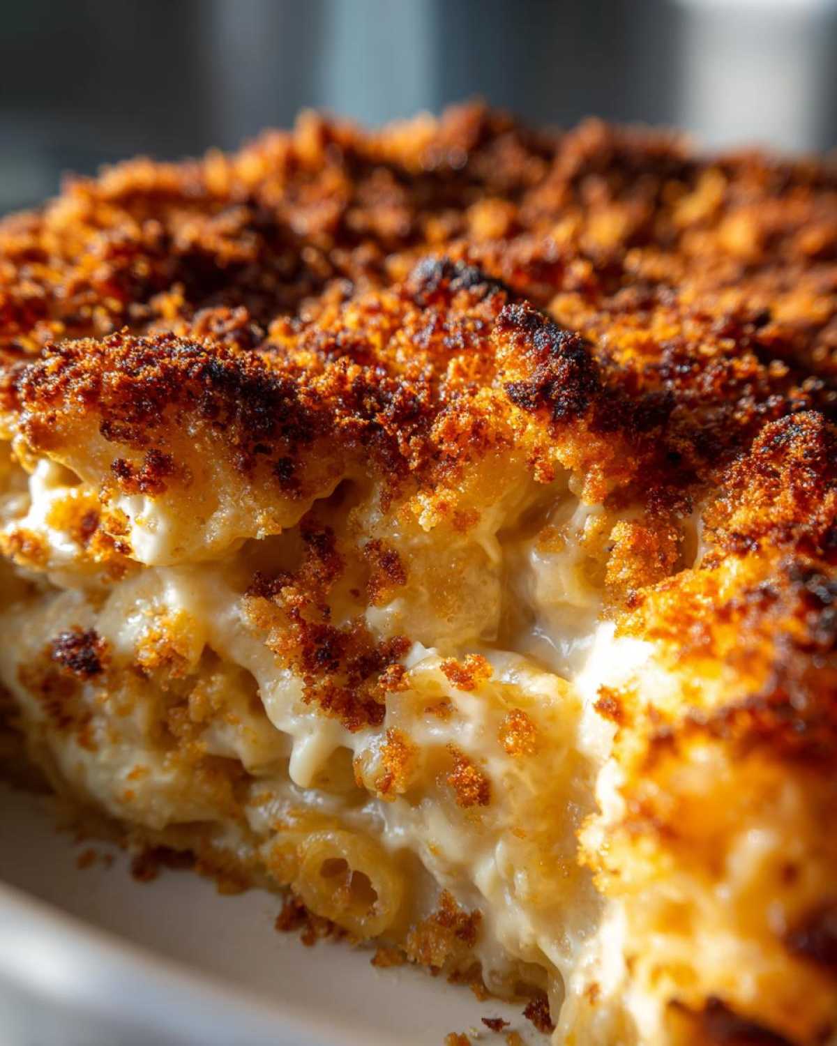 Close-up of creamy baked mac and cheese showing gooey interior and dark, crispy breadcrumb topping.