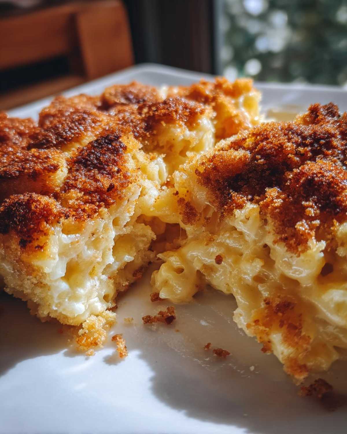 Close-up of creamy baked mac and cheese portions showing the gooey interior and dark, crispy breadcrumb topping.