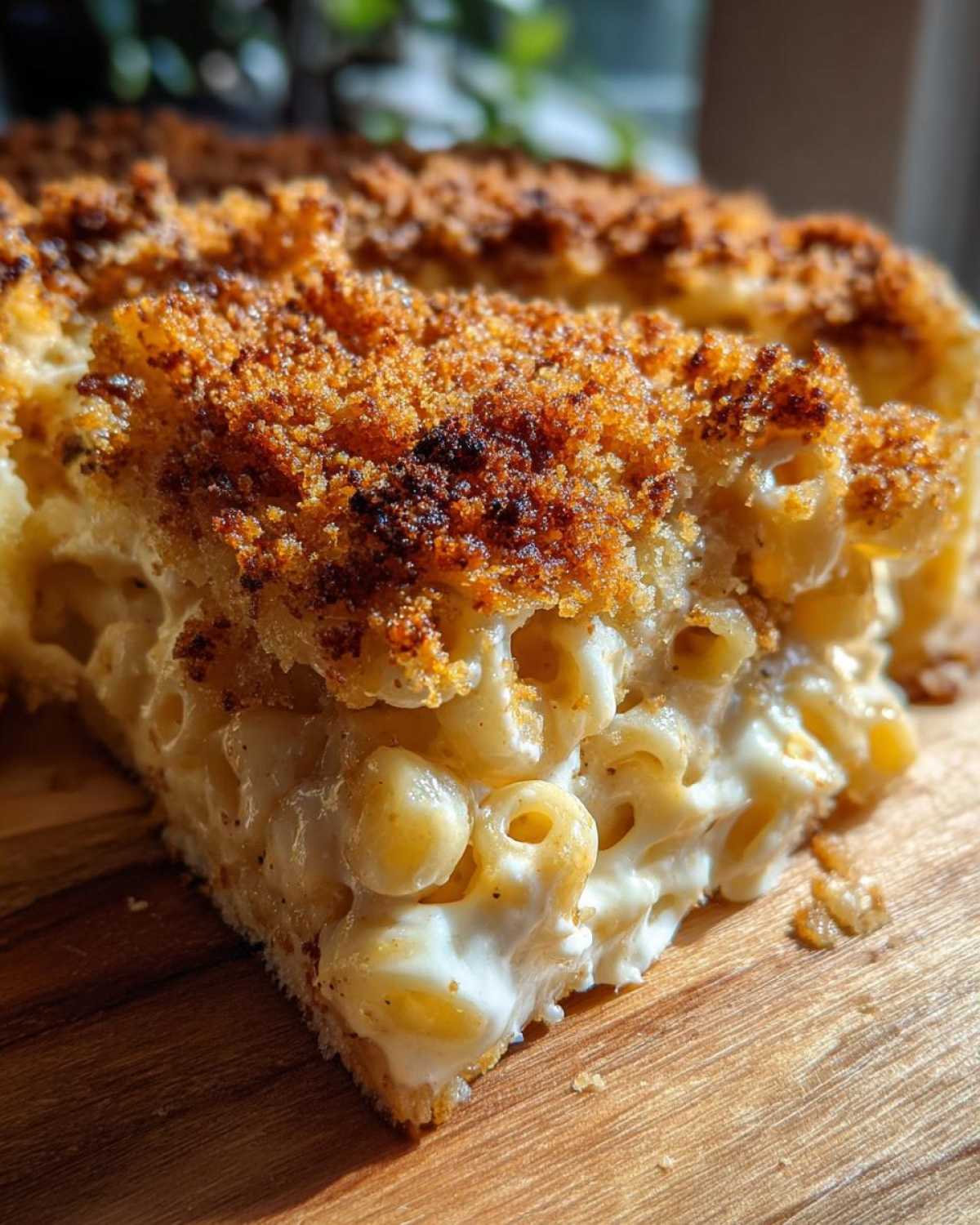 Close-up of a thick slice of baked mac and cheese showing creamy noodles and a golden, crunchy breadcrumb topping.