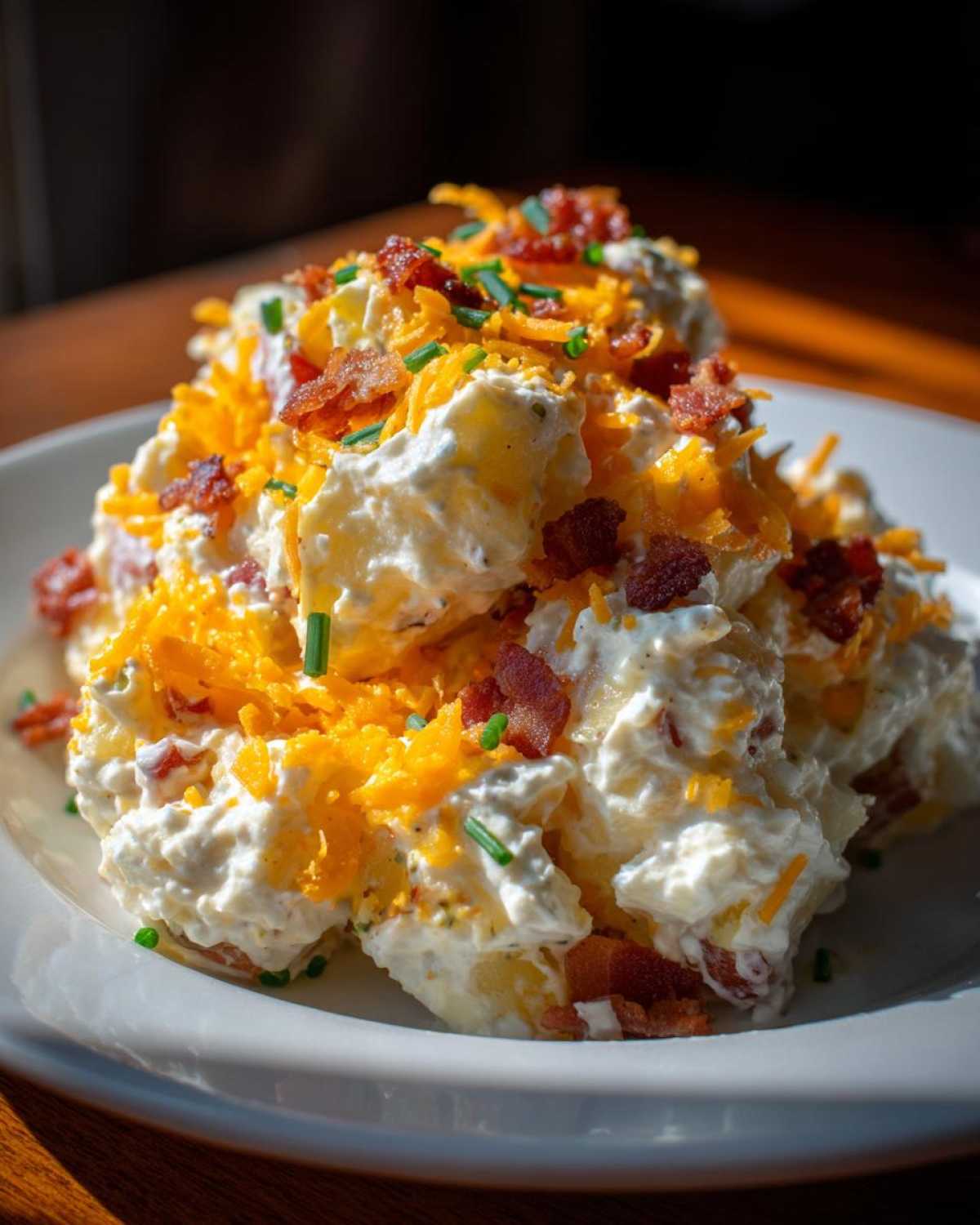 A generous serving of creamy baked potato salad topped with shredded cheddar cheese, bacon bits, and fresh chives.