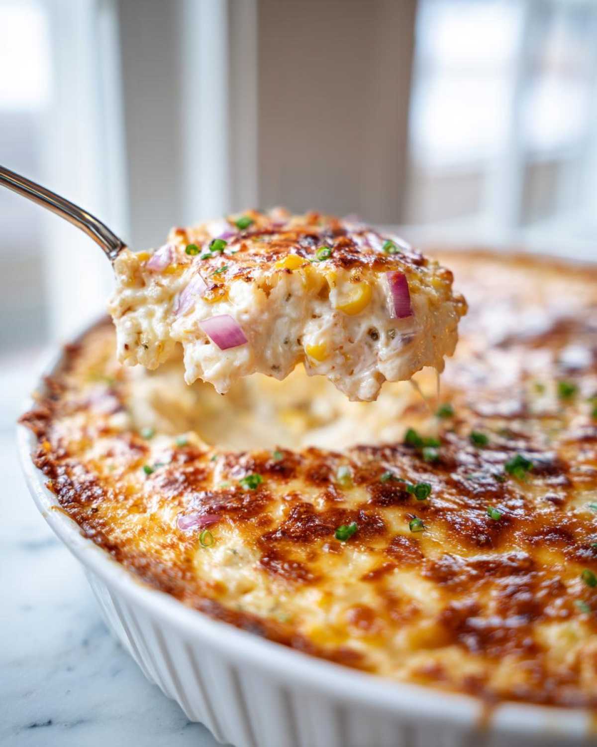 A spoonful of creamy, cheesy street corn dip topped with red onion and chives is lifted from a baked casserole dish.