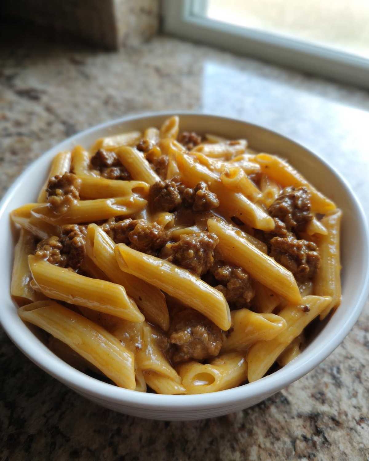 A close-up of a white bowl filled with creamy beef pasta, featuring penne noodles coated in a rich sauce and ground beef.