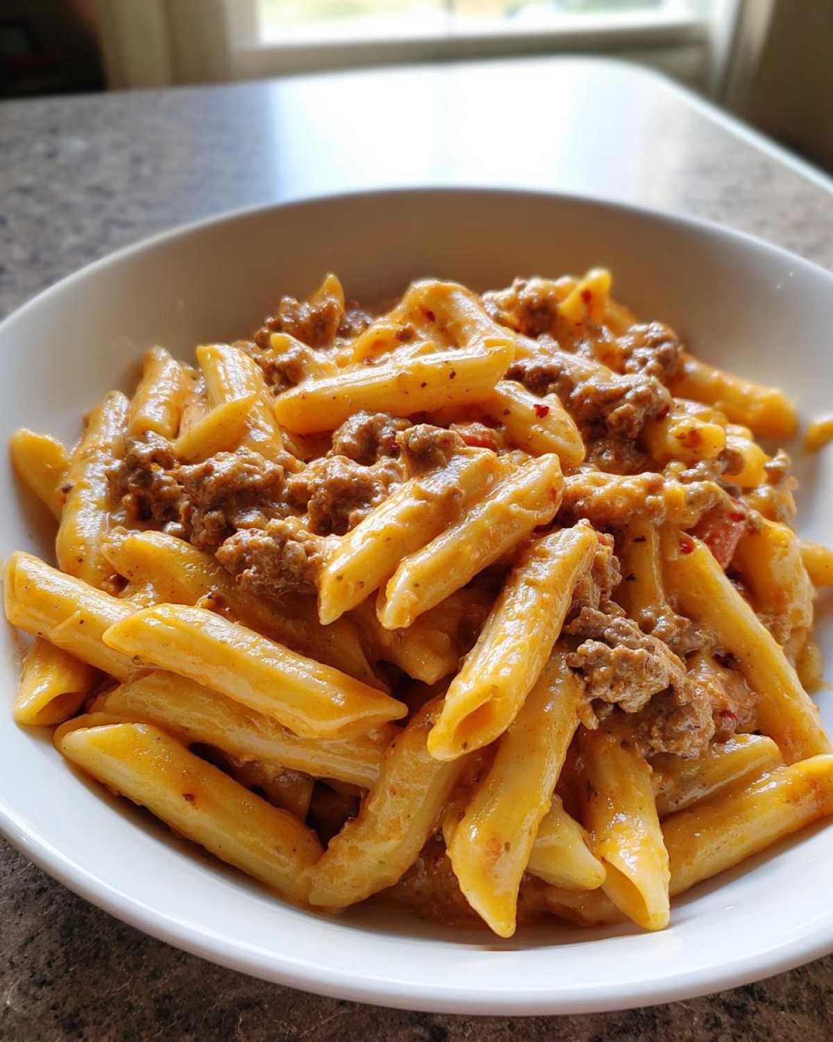 A close-up of creamy beef pasta made with penne noodles and ground beef in a rich, orange sauce.
