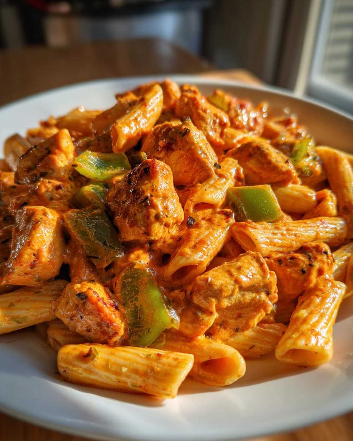 A close-up shot of creamy Cajun chicken pasta featuring penne, seasoned chicken chunks, and green bell peppers.