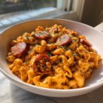 A close-up of creamy cajun sausage pasta topped with sliced sausage and parsley in a white bowl.