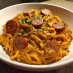 Close-up of creamy Cajun sausage pasta tossed in a rich orange sauce, topped with sliced sausage and parsley.