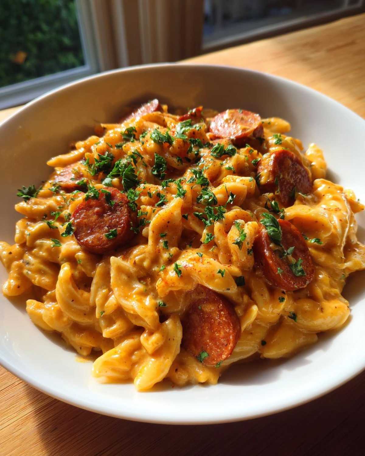 Close-up of creamy Cajun sausage pasta topped with sliced smoked sausage and fresh parsley.