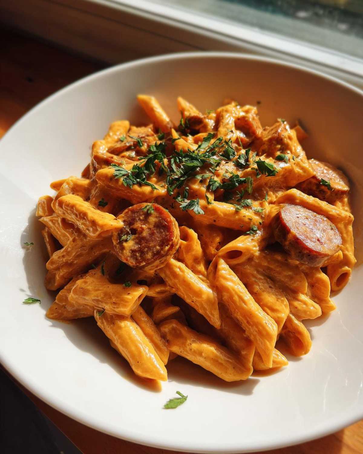 Close-up of creamy Cajun sausage pasta with penne, sliced sausage, and parsley garnish.