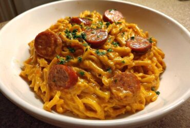 Close-up of creamy Cajun sausage pasta tossed in a rich orange sauce, topped with sliced sausage and parsley.