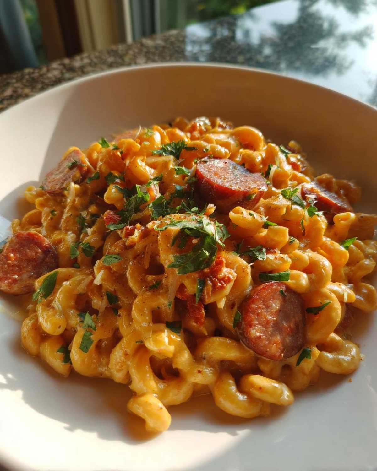 Close-up of creamy Cajun sausage pasta with sliced sausage and fresh parsley garnish.