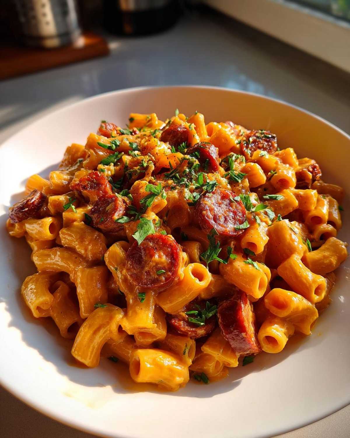 A close-up of creamy, orange-sauced cajun sausage pasta topped with sliced sausage and fresh parsley.