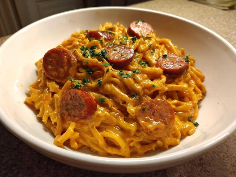 Close-up of creamy Cajun sausage pasta tossed in a rich orange sauce, topped with sliced sausage and parsley.