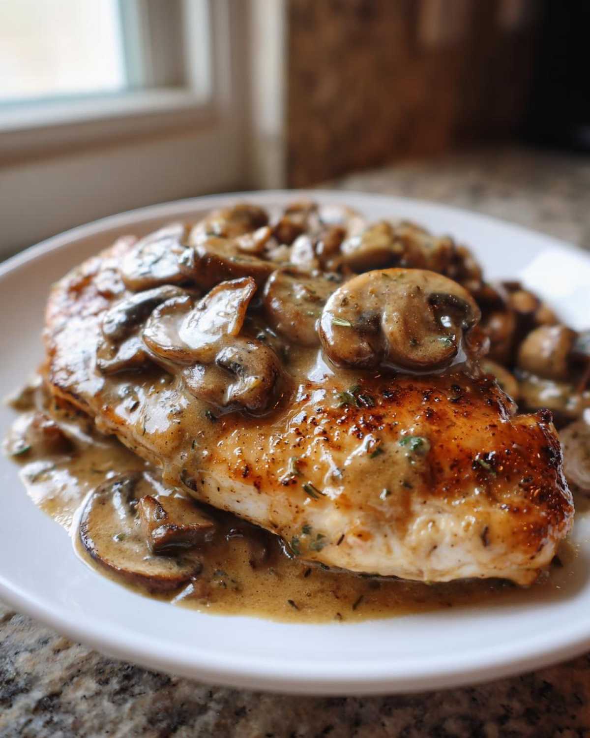 A perfectly cooked chicken breast smothered in creamy mushroom sauce, ready to serve as part of chicken marsala.