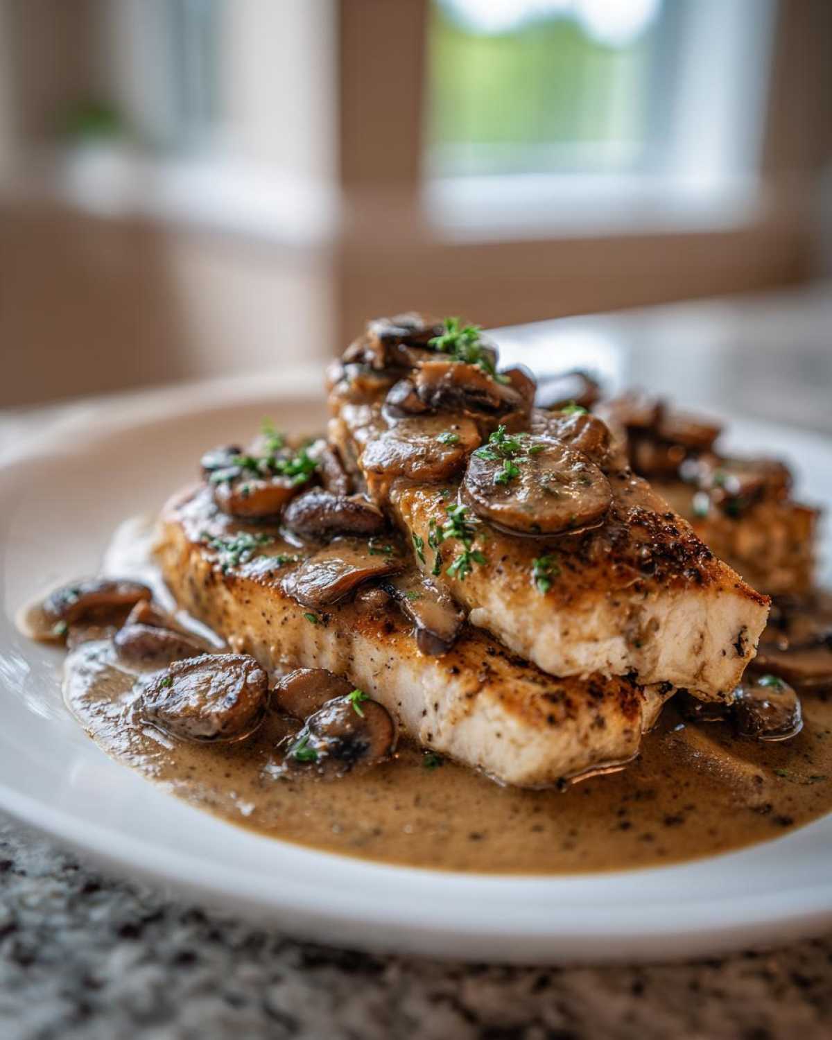 Two pieces of seared chicken breast topped with a rich mushroom sauce, ready to serve as chicken marsala.