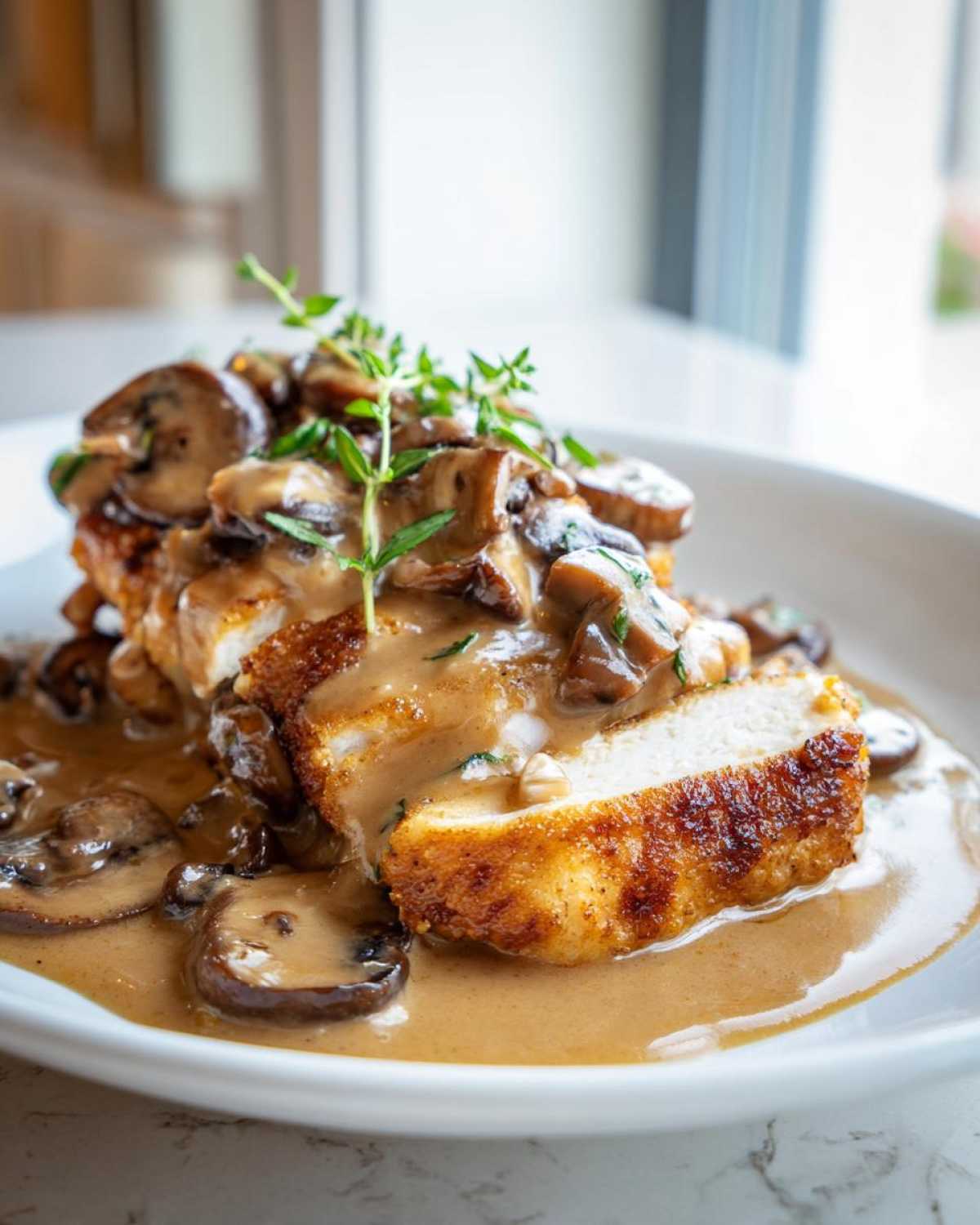 A close-up of creamy chicken marsala, showing a sliced, breaded chicken breast covered in rich mushroom sauce and fresh thyme.