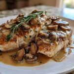 Two golden-brown chicken breasts smothered in creamy mushroom sauce, garnished with fresh rosemary, a perfect chicken marsala dish.