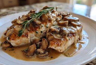 Two golden-brown chicken breasts smothered in creamy mushroom sauce, garnished with fresh rosemary, a perfect chicken marsala dish.
