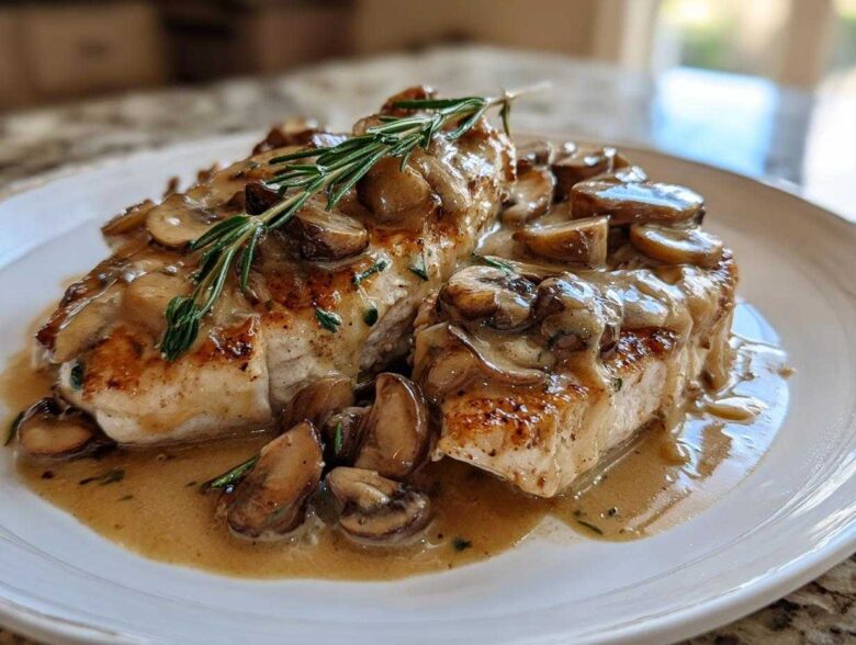 Two golden-brown chicken breasts smothered in creamy mushroom sauce, garnished with fresh rosemary, a perfect chicken marsala dish.