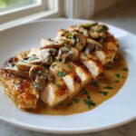 Close-up of sliced chicken marsala breasts covered in creamy mushroom sauce and fresh parsley.