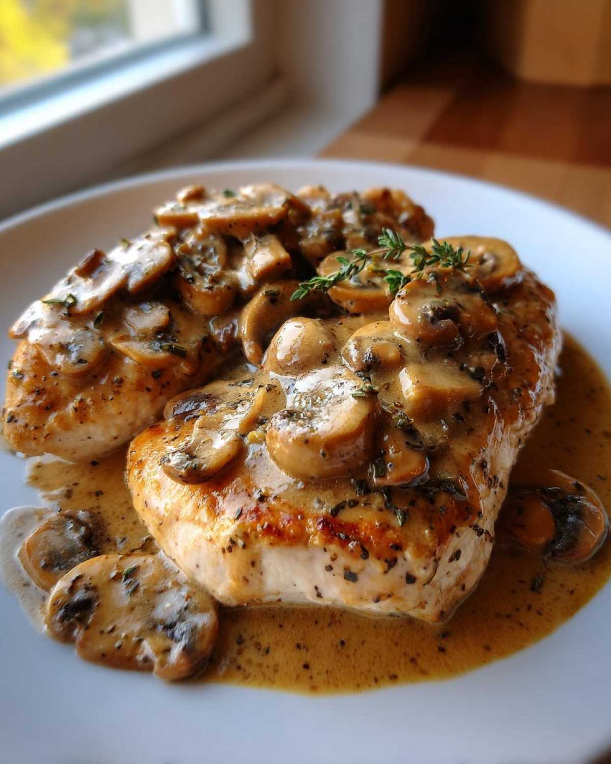 Two golden-brown chicken breasts smothered in creamy mushroom sauce for chicken marsala, garnished with thyme.