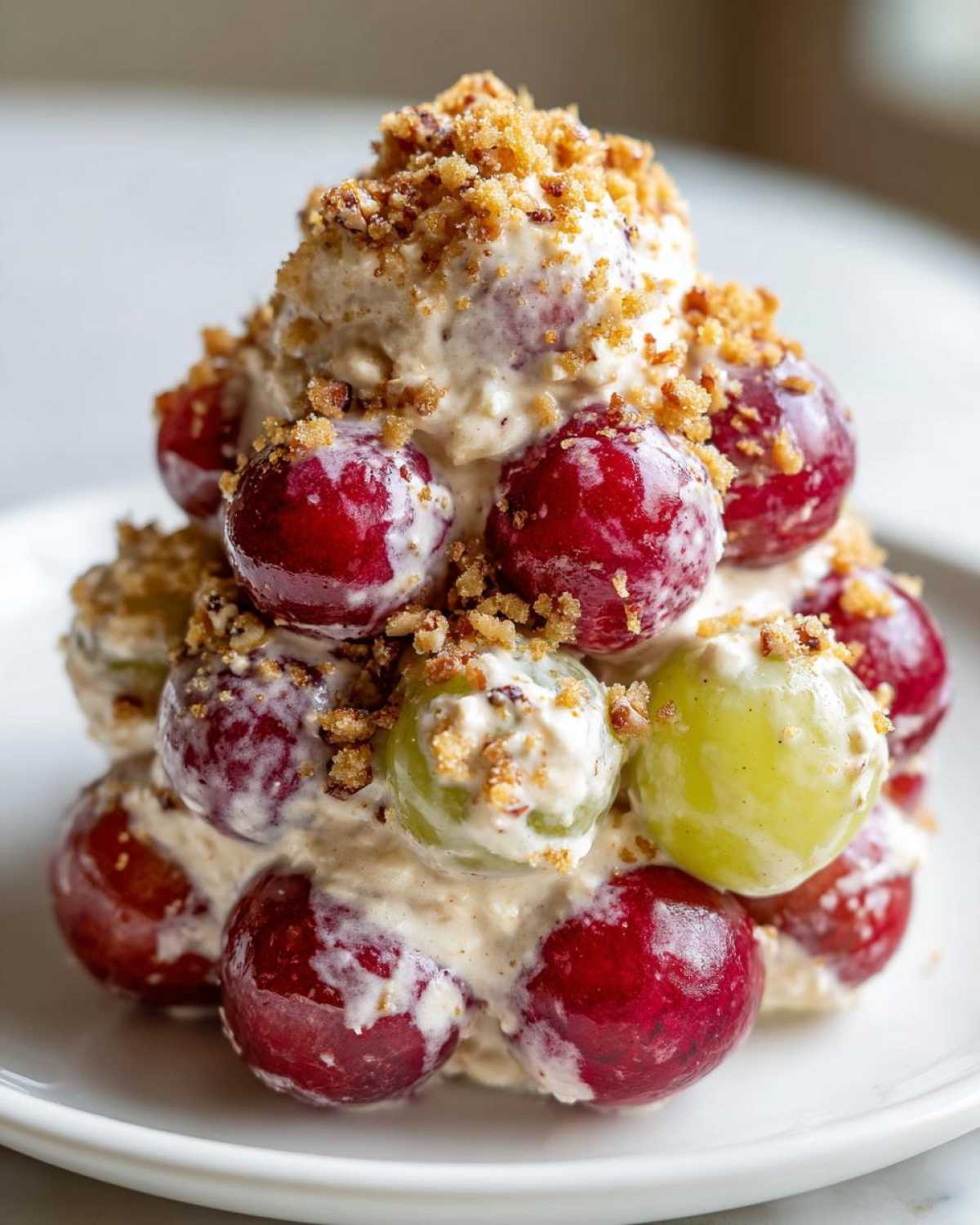 A mound of creamy chicken salad chick grape salad featuring red and green grapes coated in dressing and topped with crunchy brown sugar nuts.