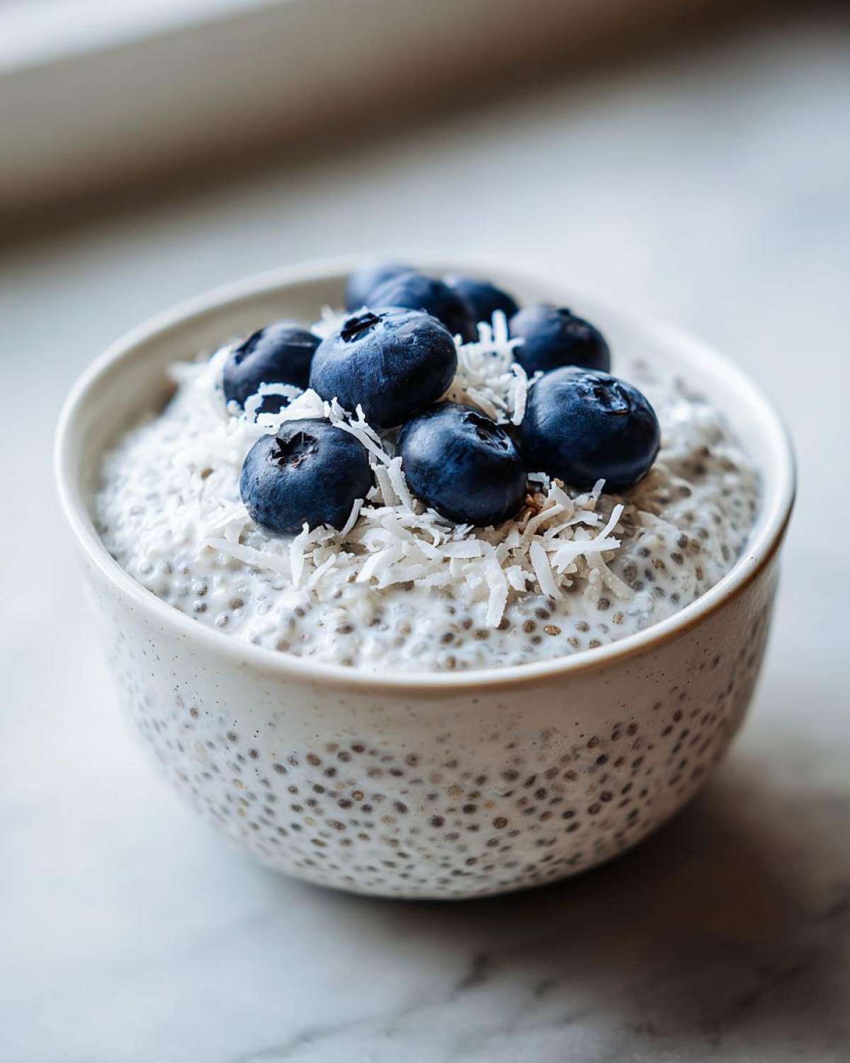 Close-up of creamy coconut chia pudding topped with fresh blueberries and shredded coconut.