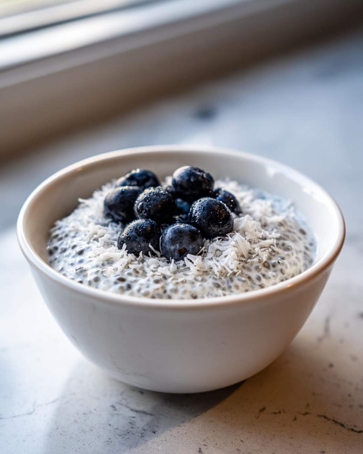 A white bowl filled with creamy coconut chia pudding topped with fresh blueberries and shredded coconut.