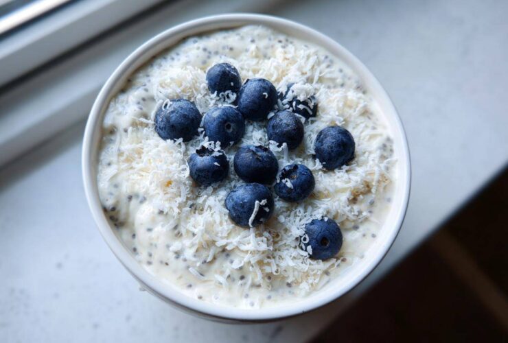 Overhead view of creamy coconut chia pudding topped with shredded coconut and fresh blueberries.