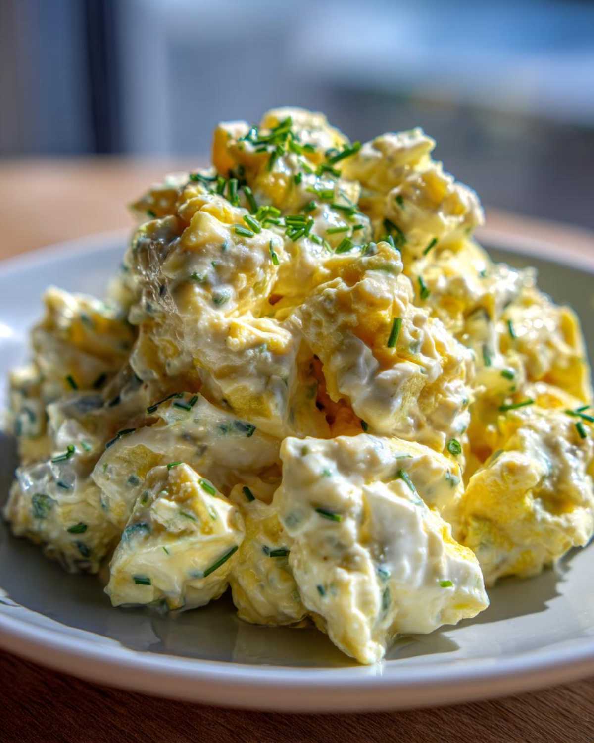 Close-up of a mound of creamy egg salad recipe, featuring chunky egg pieces coated in dressing and garnished with fresh green chives.