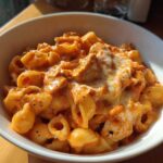 Close-up of creamy, cheesy enchilada pasta made with shell pasta in a white bowl.