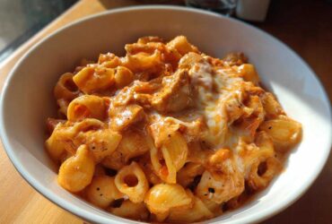 Close-up of creamy, cheesy enchilada pasta made with shell pasta in a white bowl.