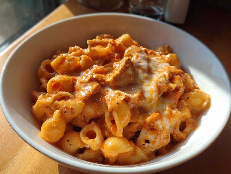 Close-up of creamy, cheesy enchilada pasta made with shell pasta in a white bowl.