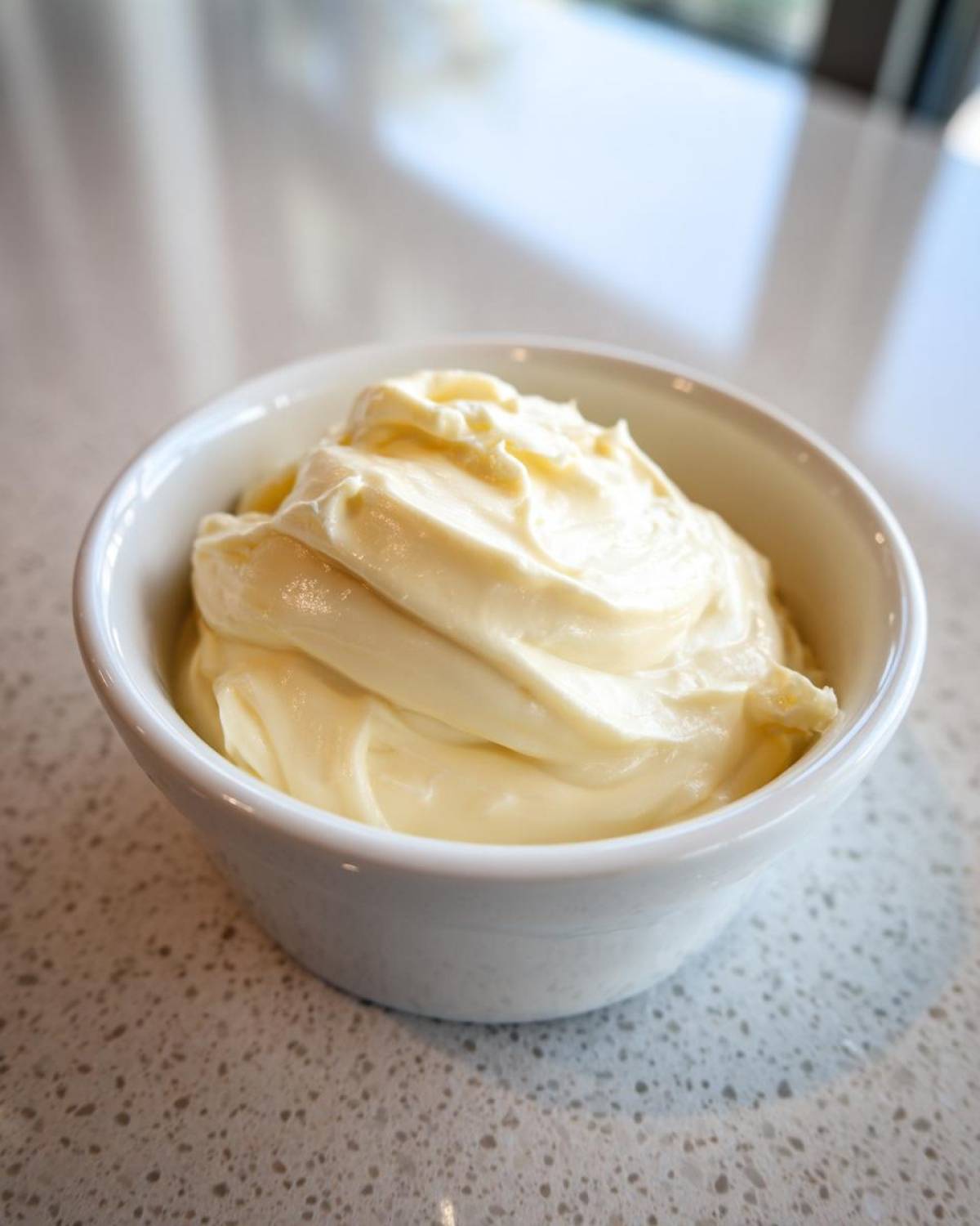 A close-up of rich, creamy garlic aioli swirled high in a small white dipping bowl.