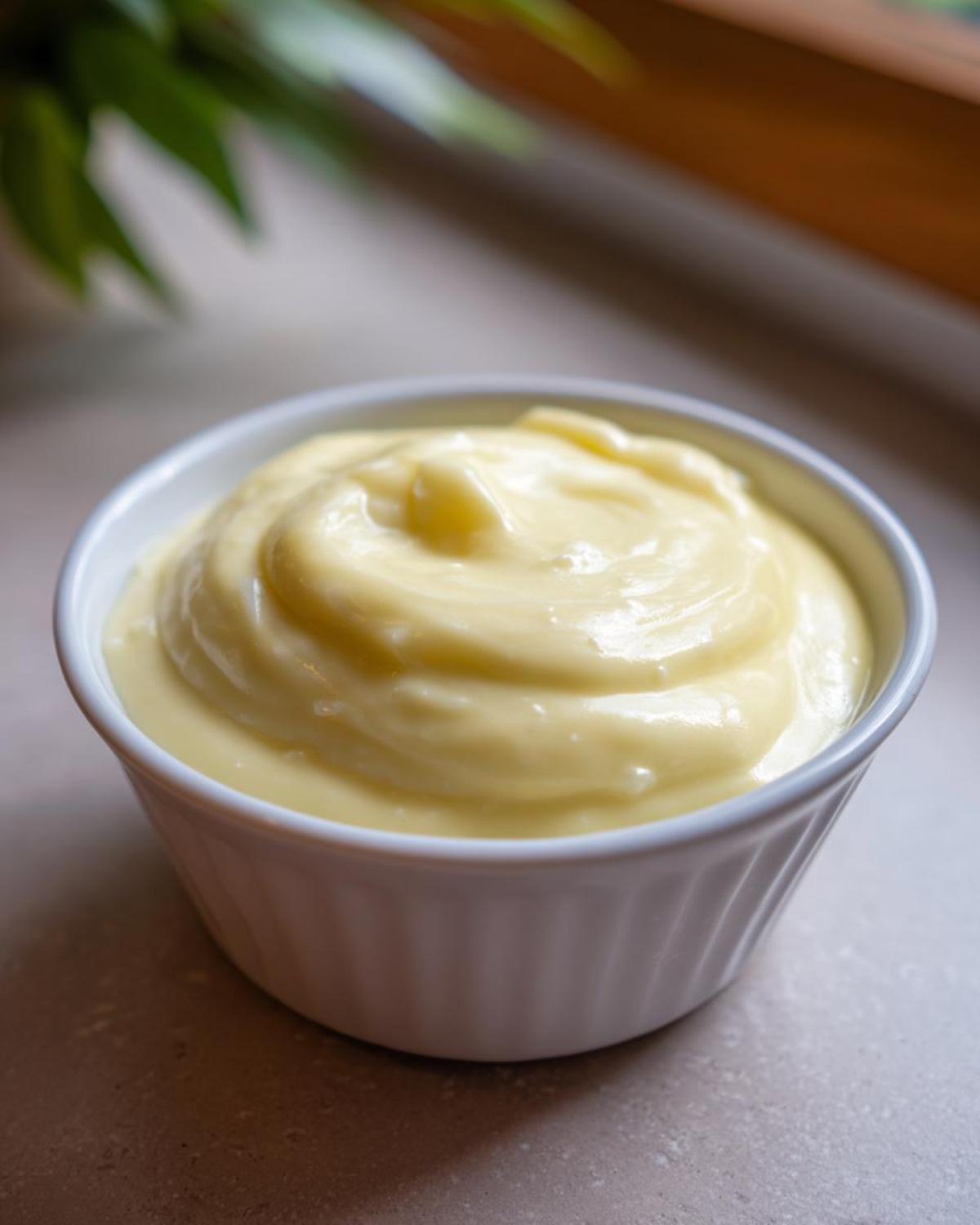 Close-up of thick, creamy homemade garlic aioli swirled beautifully in a small white ramekin.