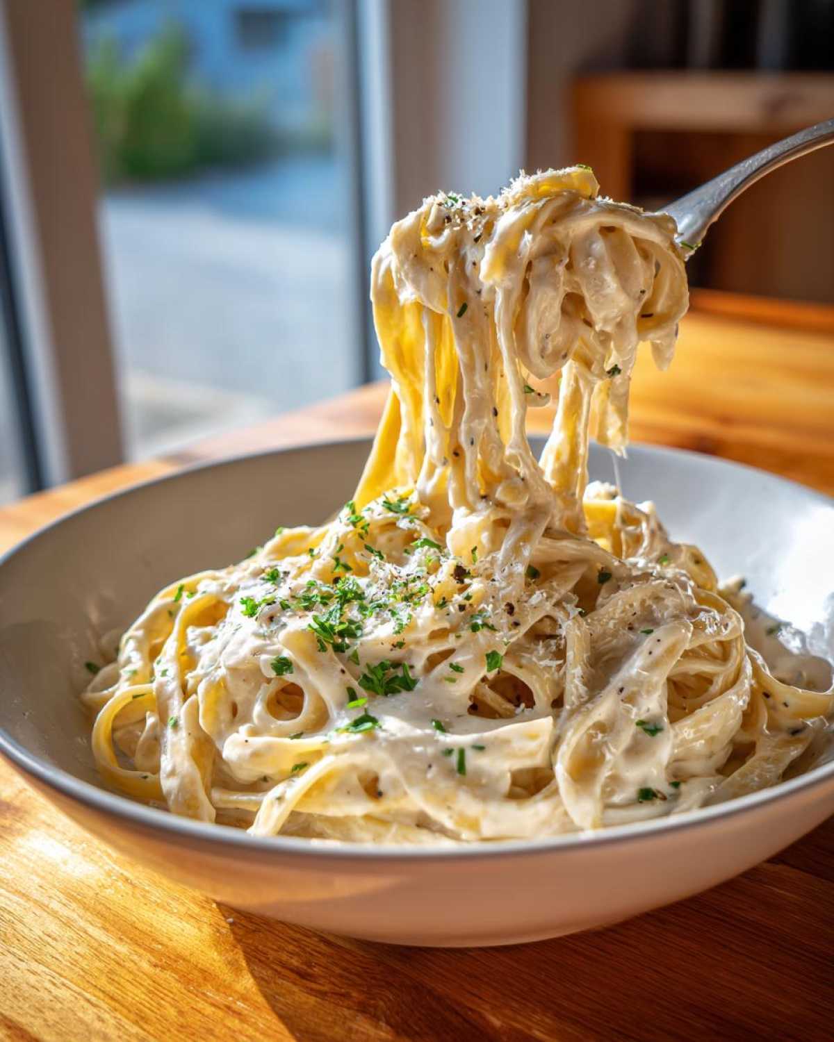 A fork lifts creamy fettuccine noodles coated in homemade alfredo sauce, garnished with parsley and pepper.