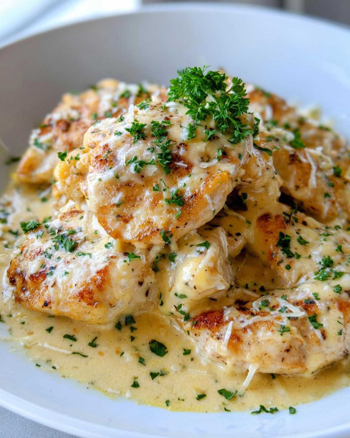 Close-up of pan-seared chicken breasts smothered in a rich, creamy lemon sauce and topped with fresh parsley.