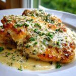 Close-up of pan-seared creamy lemon chicken breasts topped with grated Parmesan and fresh parsley.