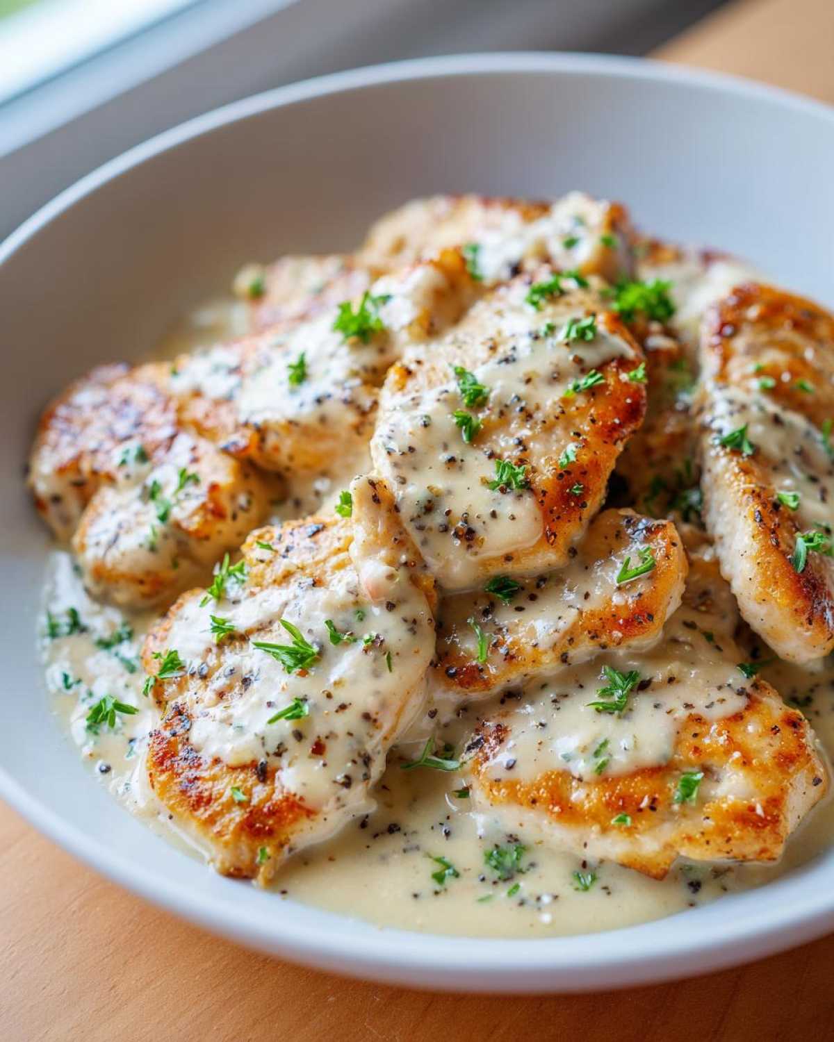 Close-up of pan-seared chicken pieces smothered in a creamy lemon sauce speckled with black pepper, garnished with parsley.