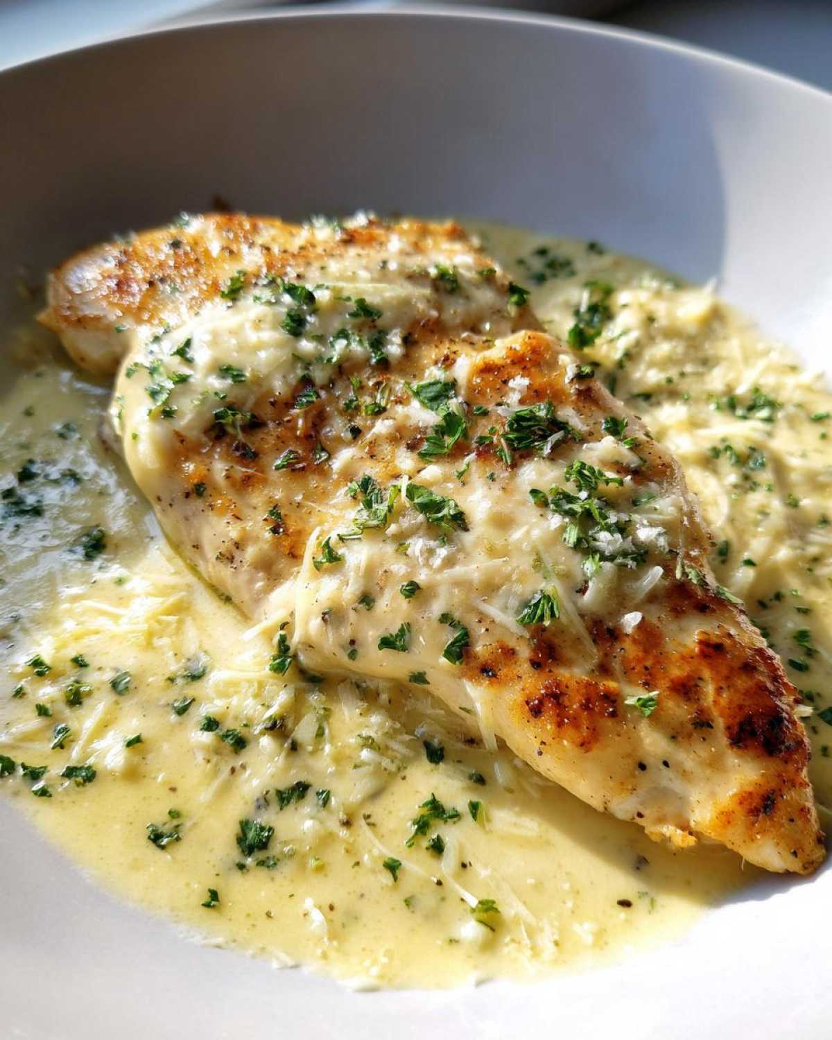 A perfectly seared chicken breast smothered in creamy lemon sauce and topped with grated Parmesan and parsley.