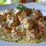 Close-up of pan-seared chicken pieces smothered in a rich, creamy lemon sauce and topped with parsley.