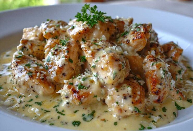 Close-up of pan-seared chicken pieces smothered in a rich, creamy lemon sauce and topped with parsley.